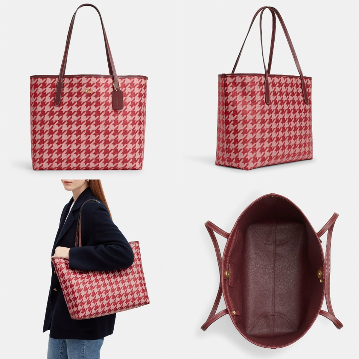 NWT COACH CJ626 IM/PINK/RED City Tote With Houndstooth Print | eBay