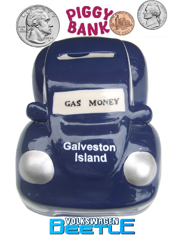 OLD Vintage VOLKSWAGEN BEETLE Ceramic COIN BANK Galveston Island TEXAS GAS MONEY