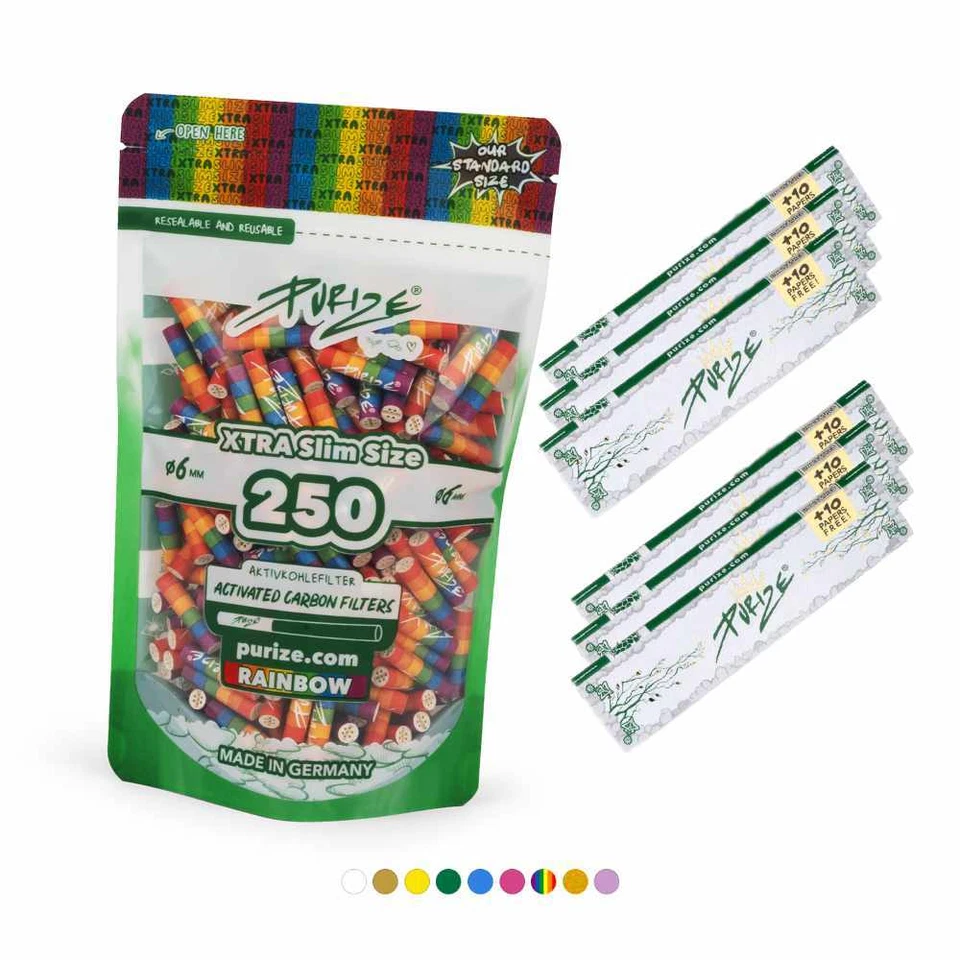 PURIZE 250 Stück Xtra Slim Size Aktivkohlefilter 5,9mm + 6 Päckchen Long Papers