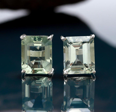 Natural Green Amethyst Octagon Shape Stud Earrings Solid Silver Handmade Jewelry