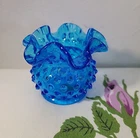 Vintage Fenton Colonial Blue Hobnail 3" Ruffled Vase Double Crimped