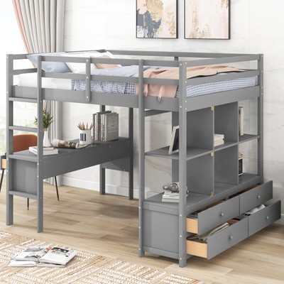 Full Size Loft Bed with Desk, 2 Drawers, Storage Shelves, Gray