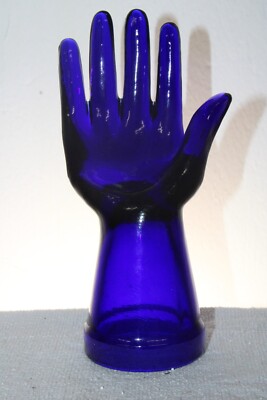 BLUE DEPRESSION STYLE GLASS HAND RING JEWELRY HOLDER, Vintage, Jewelry Box,  Art
