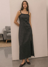 Urban Outfitters Black Linen Blend Smocked Midi Dress Side Slit XS Sundress