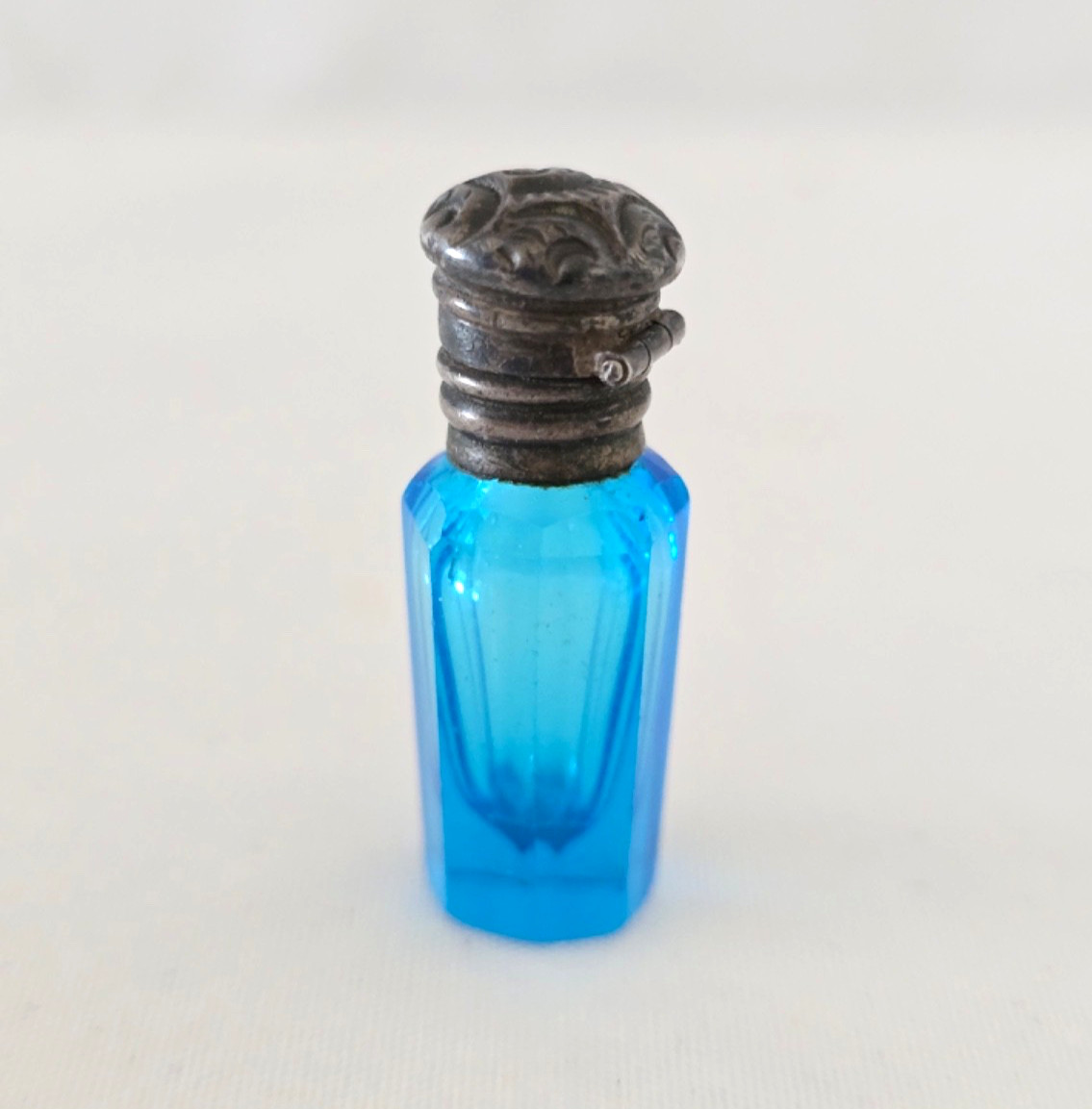 Antique Perfume Bottle Small Vibrant Aqua Glass and Repousse Sterling Silver