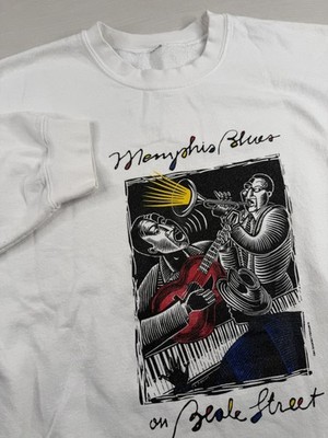 Vtg Memphis Blues Jazz Sweatshirt White Beale Street Music Art 90s 1992 Mens XL