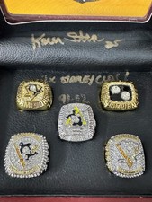 NHL Kevin Stevens Signed Box Of 5 Pittsburgh Penguins Stanley Cup Champ Rings.