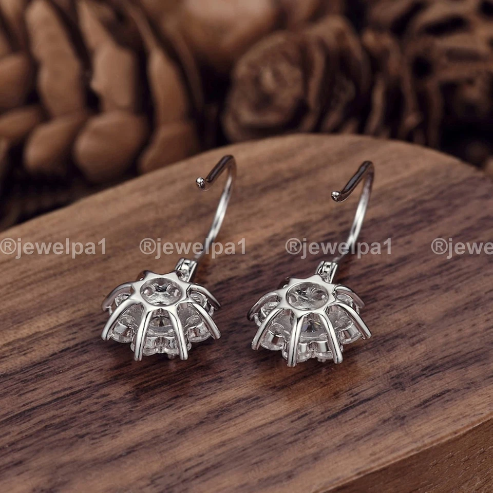 Solid 14K White Gold Moissanite Drop/Dangle Earrings 2.30 CT Round Cut For Women - Image 3 of 4