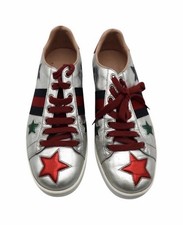 Gucci Metallic Silver Ace Sneakers with Stars...