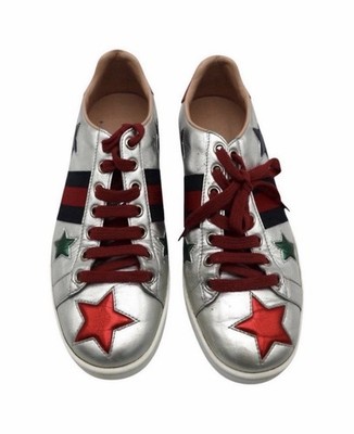 Gucci Metallic Silver Ace Sneakers with Stars & Web Stripe