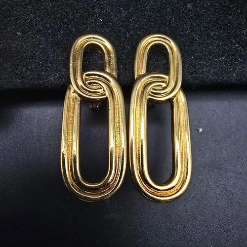 Monet Gold Tone Oval Link Clip On Earrings Vintage Costume Jewelry