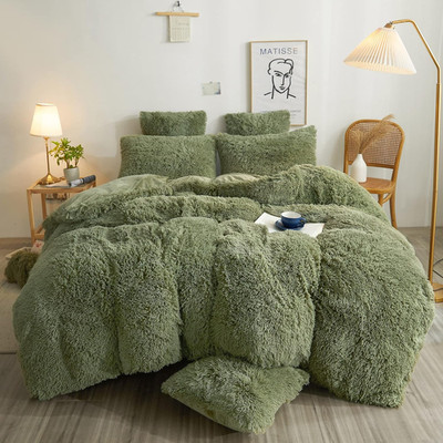 Luxury Plush Shaggy Duvet Cover Set, Sage Green, 3 Pieces, Queen Size