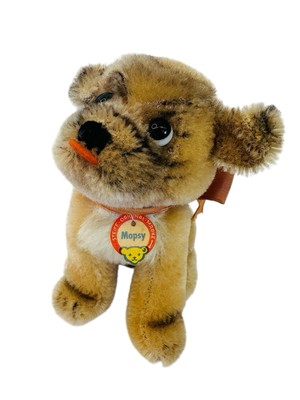 Steiff Mopsy Dog Sitting 1960s Mohair Plush Glass Eyes Tongue Out