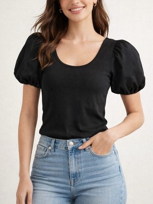   Old Navy Black Puff Sleeve Top Small Balloon Sleeve Minimal Chic Blouse