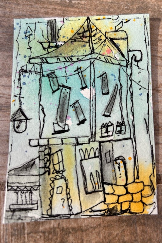 ACEO Blue House Original Watercolor Small Art Work Whimsical Art Free Ship USA