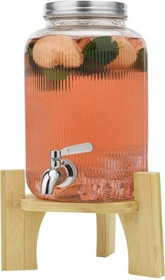 4L Glas Getränkespender mit Zapfhahn & Bambus Ständer Saft Getränke Glas Party