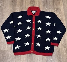 Cotton Salsa Cardigan Sweater XL Stars USA Flag Patriotic Red White Blue Peru