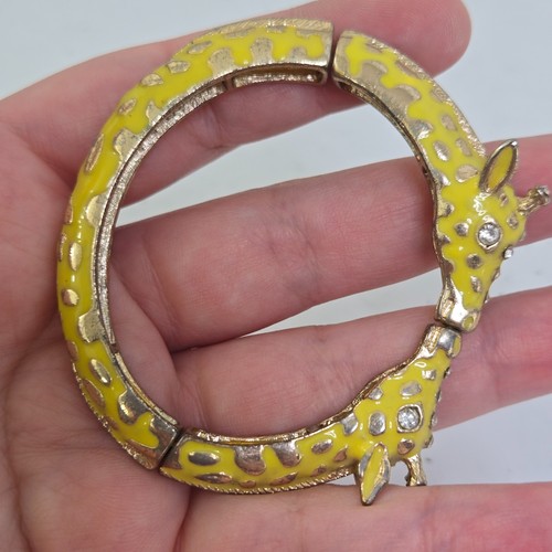 Vintage Yellow Giraffe Enamel Bangle Stretch Bracelet Rhinestone Gold Tone - Picture 8 of 10