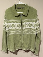 Croft Barrow Women  s Zip Up Sweater Medium Green Holiday Christmas Snowflake
