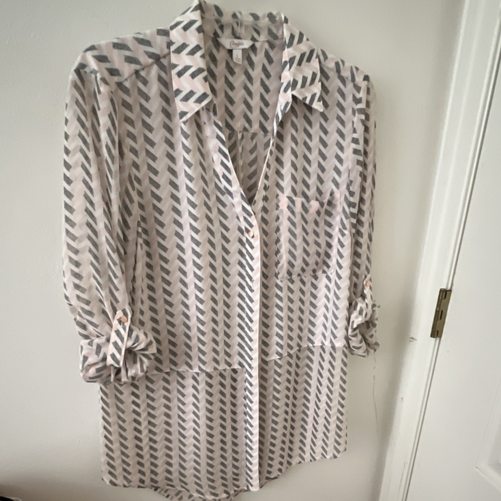 Candie's Pink White Black Geometric Button-Up Collared Long Sleeve Top L