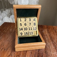Vintage Brass 15 Puzzle Sliding Tile Game in Wood Box Logic Brain Teaser Gift