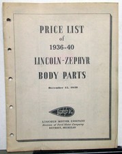 1936-1940 Lincoln Zephyr Dealer Body Parts Price List Book Sedan Coupe V12