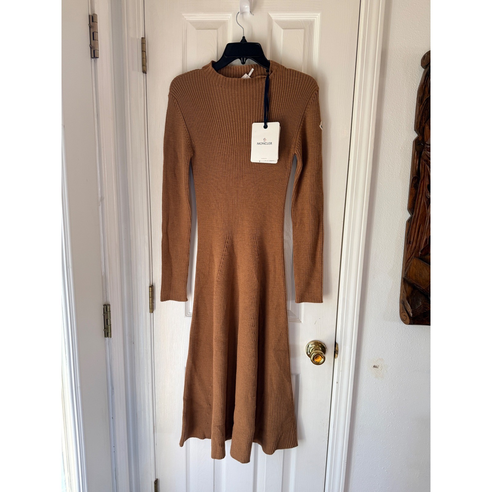 Moncler Ribbed Knit Midi Dress Brown Long Sleeve Mock Neck Size XL thumbnail 4