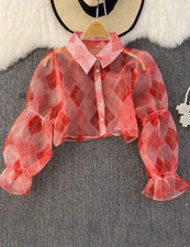 Schicke Bluse transparent Sommerkleidung Mesh-Shirt elegant, langarm Hemd