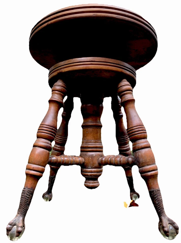 Antique SIGNED! Antique Victorian Wooden Piano Stool Glass Ball & Claw Feet BEST - Image 3 of 4