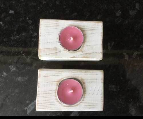 White Shabby Chic Solid Wood Candle Holders X 2 With Scented Candles - Picture 2 of 3