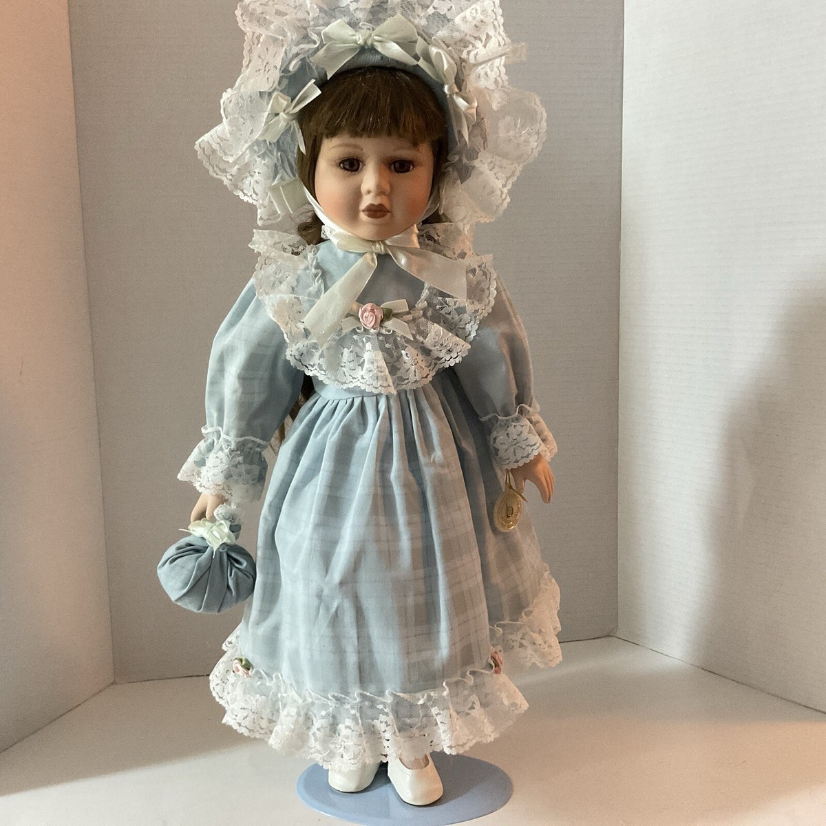 Vintage Brinn's Dark Hair Porcelain Doll w/ Stand 22 Inches Tall