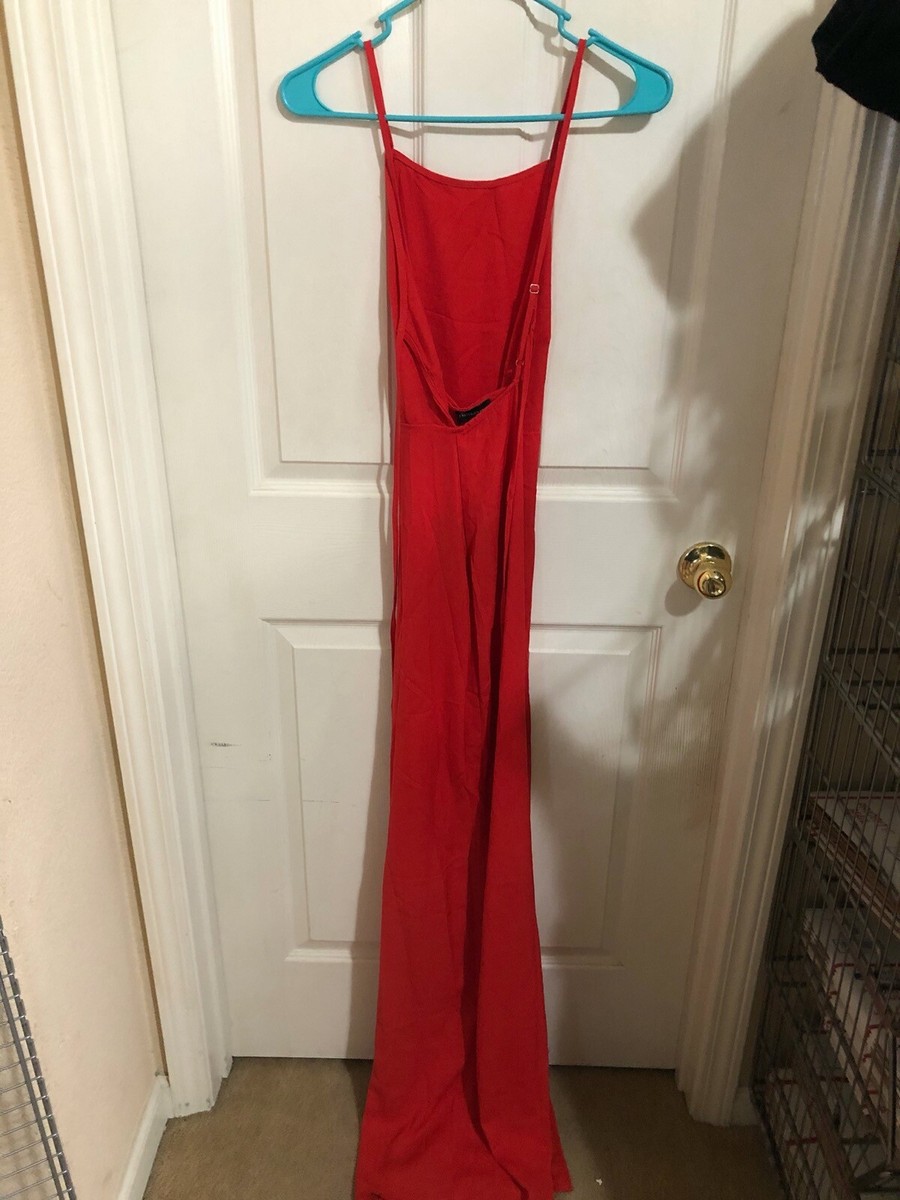 pretty little thing red maxi dress Women's Red Stripe Linen Look Bandeau Cut Out Bust Detail Maxi Dress
