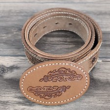Genuine Leather Western Style Belt With Buckle Leafs Tooled Tan Saddle Waist 36