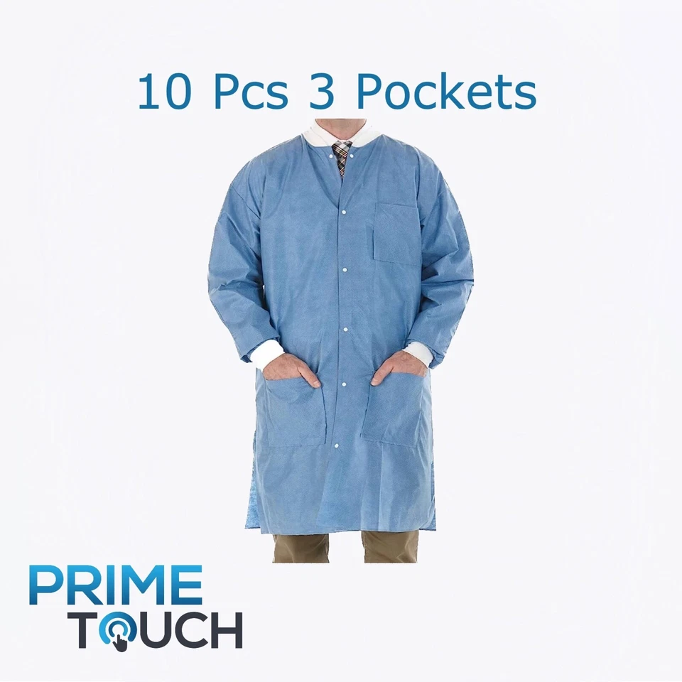 10 Pcs Medical Dental Disposable Lab Coat Gown 3 Pockets Blue S, M, L, XL - Image 2 of 3