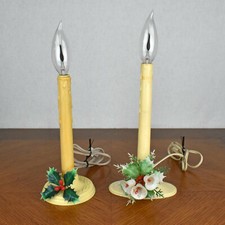 Pair Vintage Christmas Electric Candle Sticks with Flicker Flame Bulbs  Holly