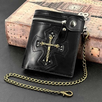 Mens Steampunk Cross Skull Clasp Wallet with Retro Biker Chain