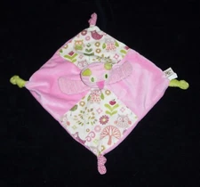 Maison Chic Pink Owl Bird Baby Blanket Knotted Corners Ribbed Security Lovey