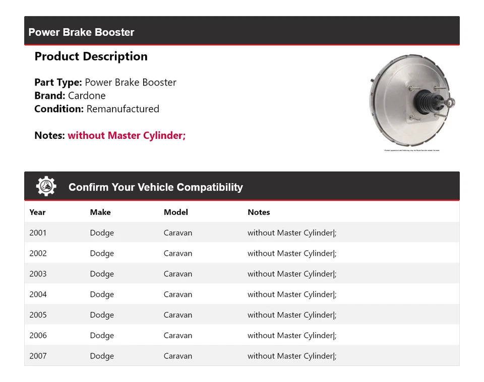 Para Dodge Caravan 2001-2007 Power Brake Booster Cardone 2002 2003 2004 2005 2006 Foto 2 de 4