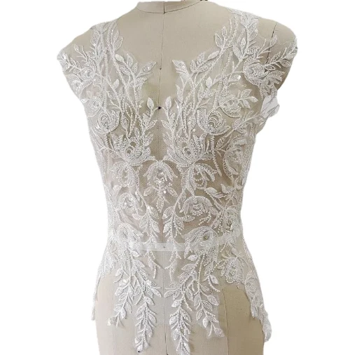 OFF WHITE Abito da sposa 65*48 cm paillettes perline pizzo petto fiori 3D applique colletto pizzo