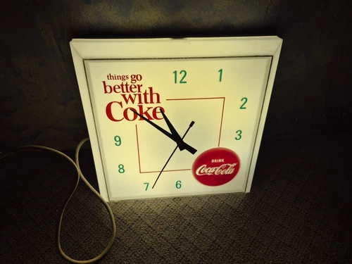 VTG 1960's Coca Cola Lighted Electric Wall Clock Sign Things Go Better With Coke
