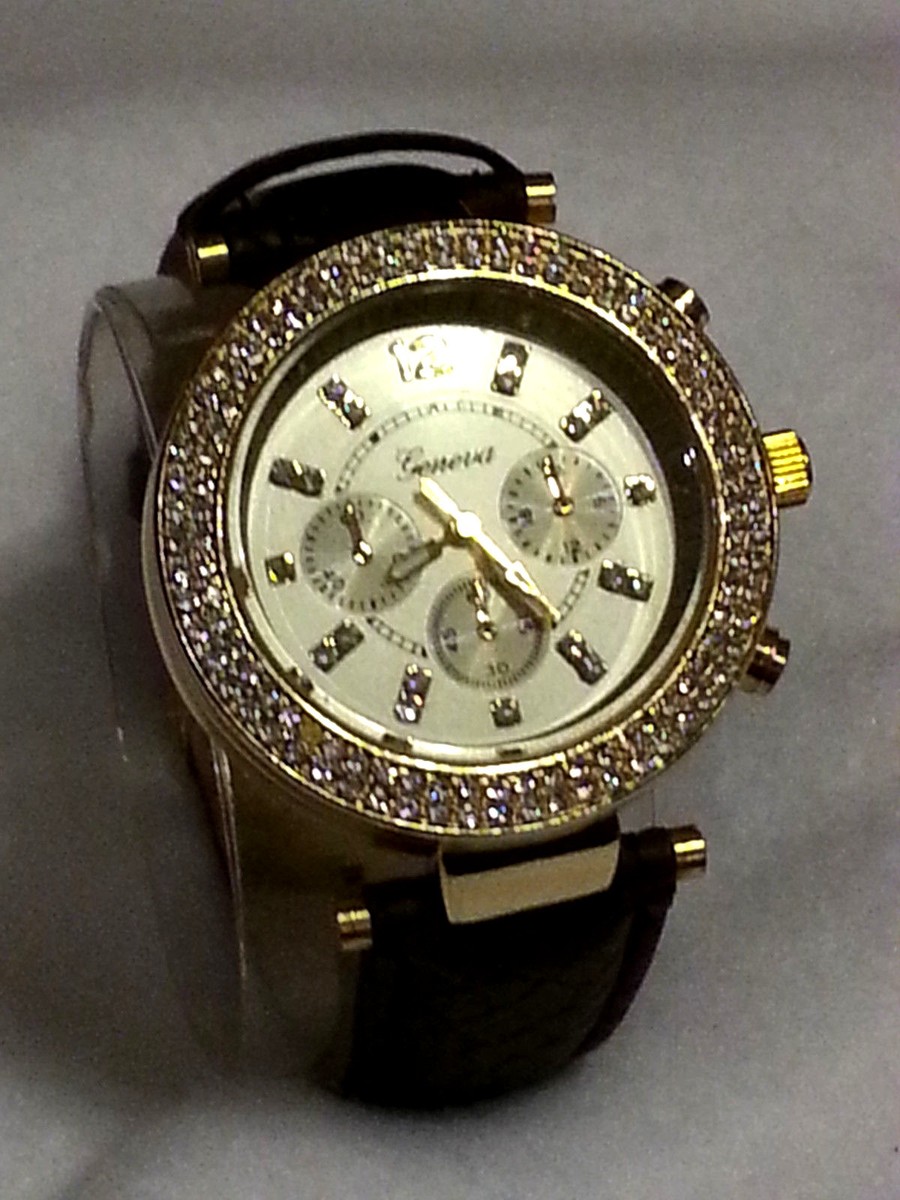 Geneva Rhinestone Gold Bezel MK Chrono Style Wrist Watch  display picture 3