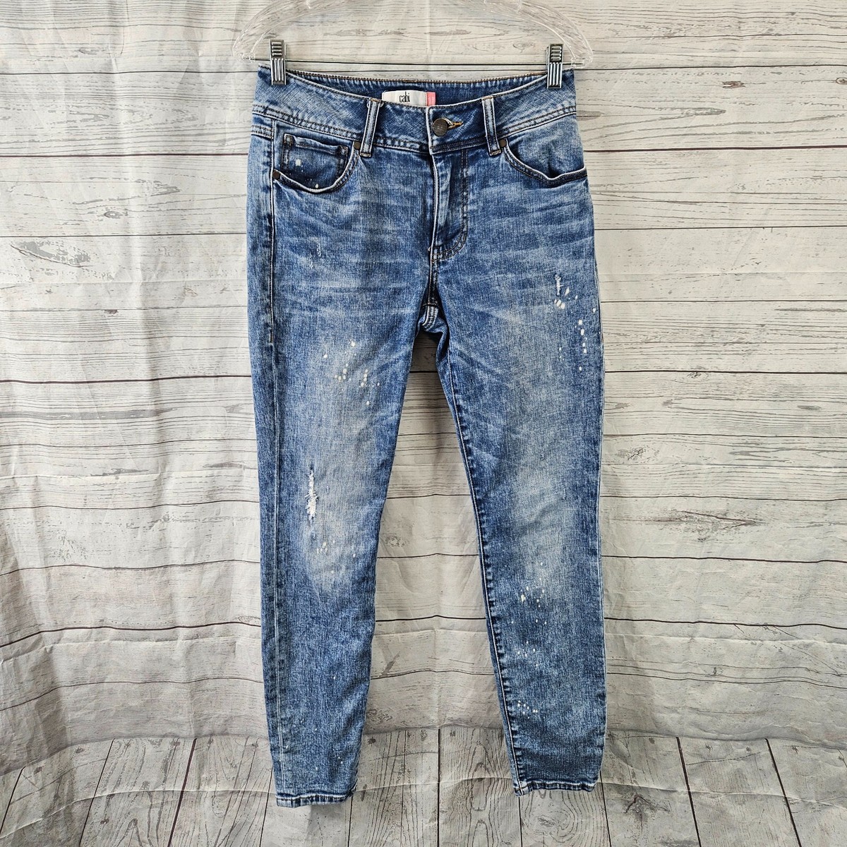 Cabi 5492 Womens Cinch Skinny Jeans Sz Blue Bleach Splatter Mid