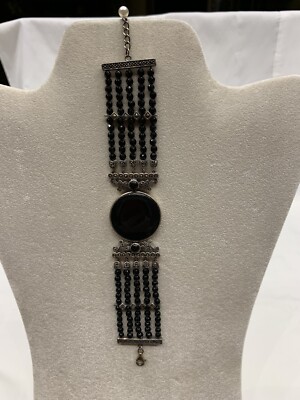 sterling Silver Multiple  Strings  onyx stone/ ￼marcasite bracelet