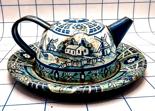 VTG Mini Small Plate / Saucer and Mini Teapot Blue Wolverine Delft Metal Tin