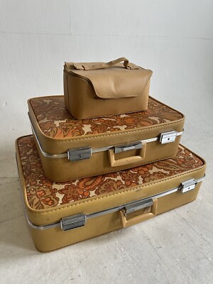 Vintage Flower Yellow Orange Suitcase Set MOD Paisley Luggage Case