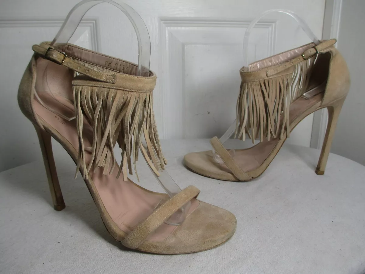 STUART WEITZMAN NUDE SUEDE FIRED UP FRINGE HEEL SANDALS 8 M MADE