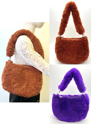 New Women's 100% Handmade 2-WAYs Sheepskin Fur Shoulder Bag Leather Lined M