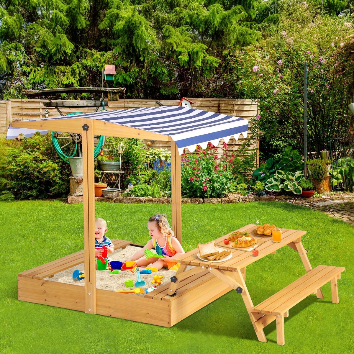 Kids Sandbox with Lid, Outdoor Wooden Sand Boxes with Kids Picnic 