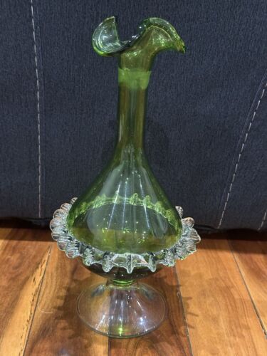 Venetian Glass Green Ruffled Decanter With 5 Cordial Glasses 1950s Rare - Picture 3 of 11