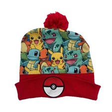 Pokemon Pikachu Bulbasaur Charmander Squirtle Red Knit Beanie Hat Pom One Size